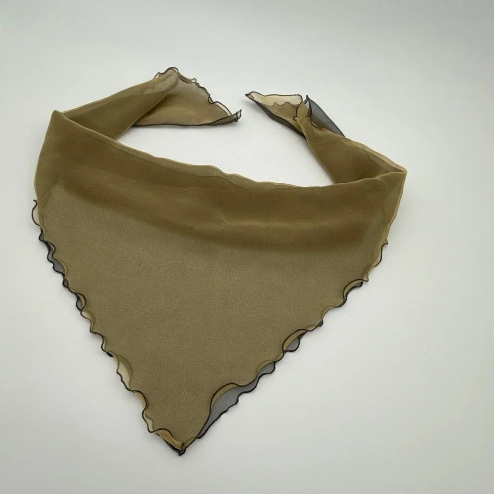 Vintage 90s Sheer Chiffon Square Scarf‎ Tan Gray Lettuce Edge